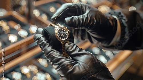 Gloved seller's hand shows exclusive men's watch