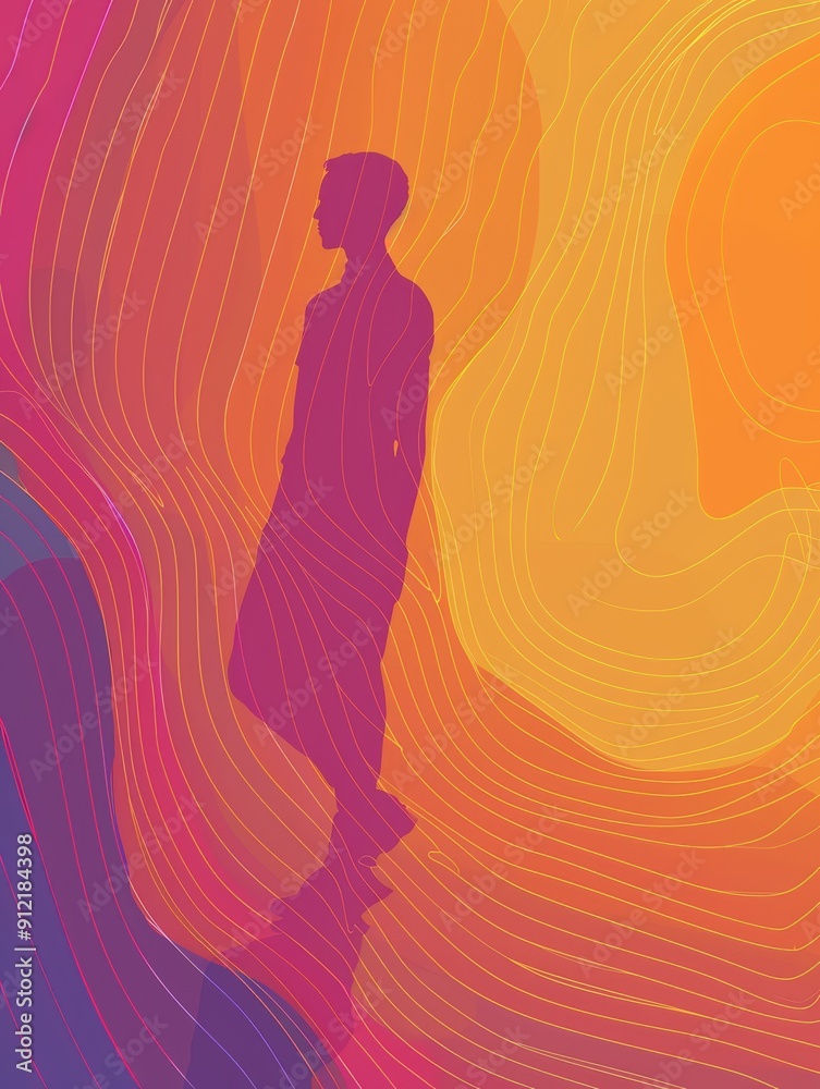 Abstract Silhouette of a Person in a Vibrant Landscape - A silhouette of a person stands out against a colorful backdrop of abstract lines, symbolizing individuality, hope, growth, the passage of t Abstract Silhouette of a Person in a Vibrant Landscape - A silhouette of a person stands out against a colorful backdrop of abstract lines, symbolizing individuality, hope, growth, the passage of t