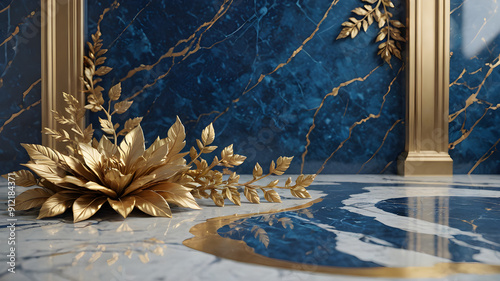 Dark Blue Golden Floral Marble Pattern Background Backdrop  Place items golden flower
