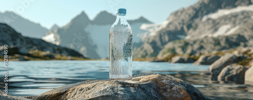 a bottle of drinking water on a stone, a bottle with spring drinking water on the background of mountains and a lake, generative ai