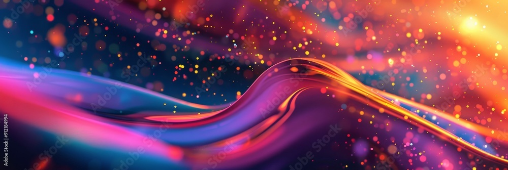 Obraz premium Abstract Wave with Shimmering Lights - An abstract digital artwork featuring a vibrant wave flowing through a cosmic-like background with shimmering lights, symbolizing movement, energy, imagination, 