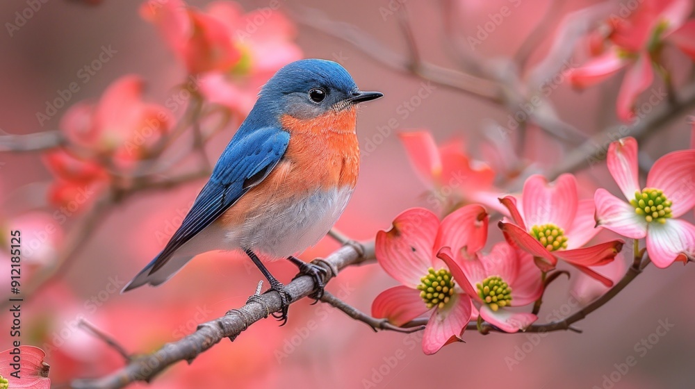 A Bluebird Perched on a Branch of Pink Flowers A Bluebird Perched on a Branch of Pink Flowers