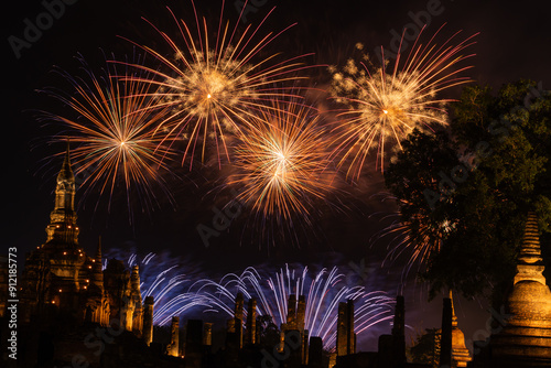 Fireworks at Sukhothai Province in the north of Thailand during the Loy Krathong Light and Candle Burning Festival and New Year