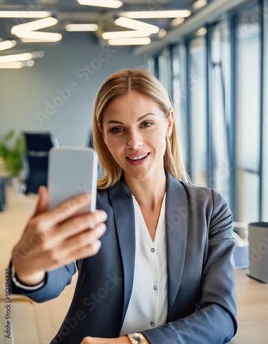 Smiling businesswoman taking a selfie in the office 