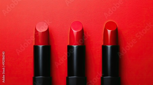 Three Red Lipsticks on a Vibrant Red Background Minimalist Beauty Product Photography