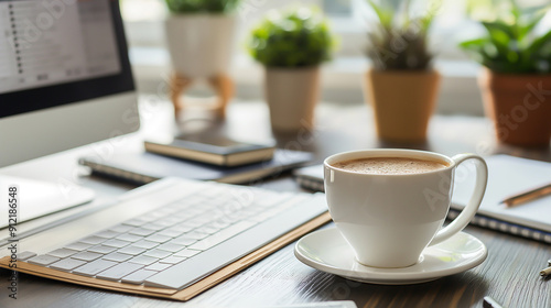 a clean, organized desk with a computer, coffee cup, and planner, soft colors