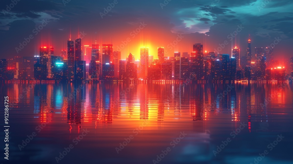 Night cityscape illuminated by red and blue neon lights reflecting on calm water Night cityscape illuminated by red and blue neon lights reflecting on calm water