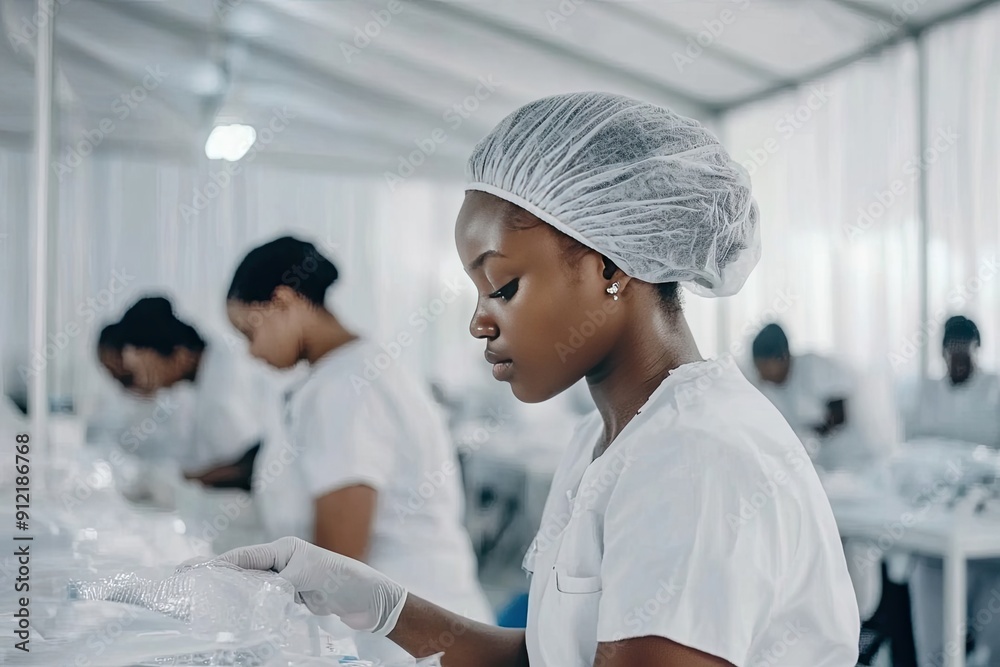 Fototapeta premium A Black Woman in a White Lab Coat Works in a Sterile Environment
