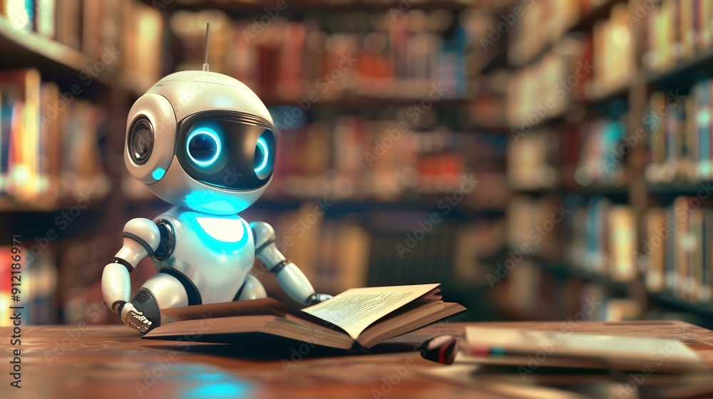 Futuristic robot is reading a book in the library Futuristic robot is reading a book in the library