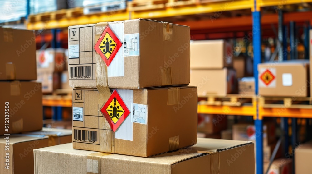 Cardboard Boxes with Warning Labels in a Warehouse - A stack of cardboard boxes with warning labels in a warehouse setting, symbolizing logistics, shipping, caution, safety, and industrial processes. Cardboard Boxes with Warning Labels in a Warehouse - A stack of cardboard boxes with warning labels in a warehouse setting, symbolizing logistics, shipping, caution, safety, and industrial processes.