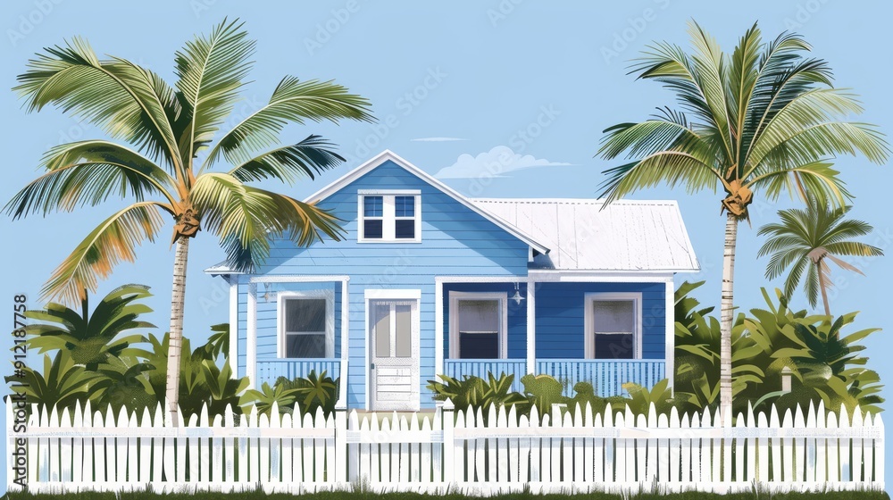 Charming Blue Cottage with Palm Trees and White Fence in a Tropical ...