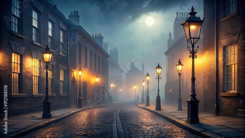 Fototapeta Naklejka Na Ścianę i Meble -  A Symphony of Shadows: A Victorian Gaslit Street Awash in Fog  AI Generated