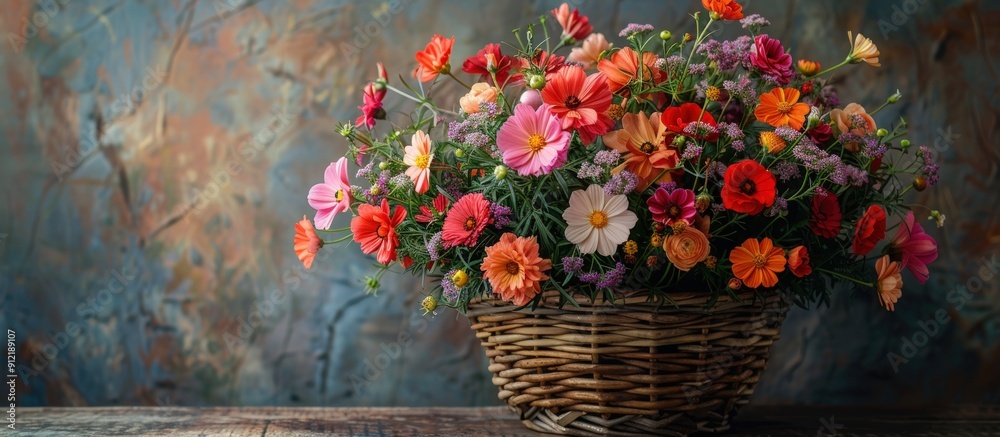 A Bouquet of Colorful Flowers in a Wicker Basket A Bouquet of Colorful Flowers in a Wicker Basket