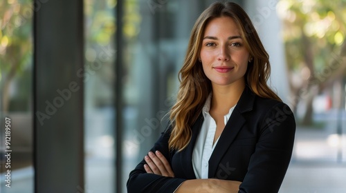 Confident Businesswoman Standing in Modern Office Building - A portrait of a confident businesswoman standing with her arms crossed in front of a modern office building. The image symbolizes success, Free Download Confident Businesswoman Standing in Modern Office Building - A portrait of a confident businesswoman standing with her arms crossed in front of a modern office building. The image symbolizes success, - GFXLoad