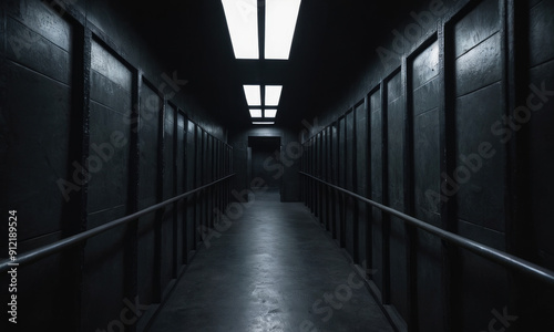 A long, dark corridor with a sterile, ominous atmosphere is illuminated by bright ceiling lights, extending into the distance and evoking a sense of suspense and unease in a minimalist setting.