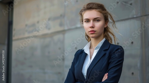 Confident Businesswoman Standing with Arms Crossed in Front of a Gray Wall - A young woman in a blue blazer and white shirt stands with arms crossed in front of a gray wall, looking confidently at the