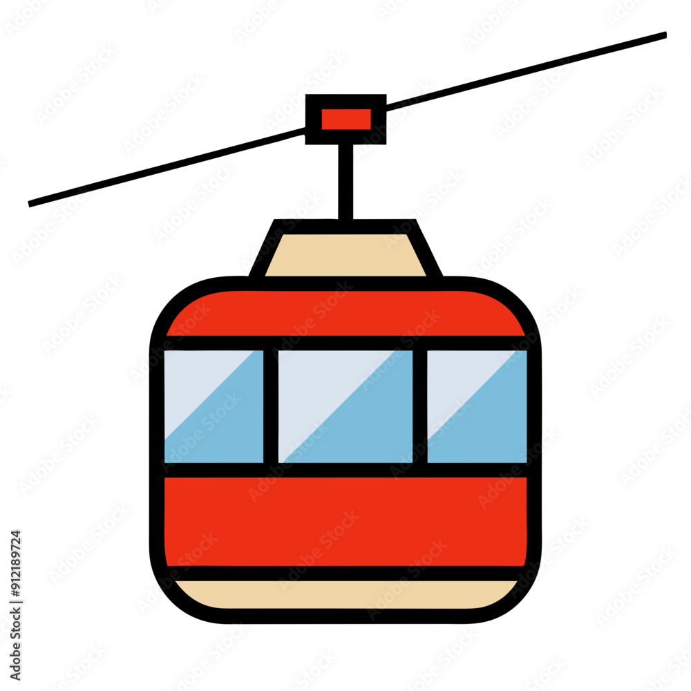 cartoon red cable car ascending on wire, gondola, travel, isolated ...