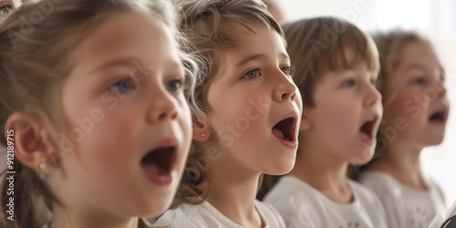 Children participating in a music class, singing with enthusiasm and team spirit.