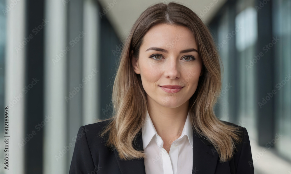 A young businesswoman wearing a black blazer is confidently looking at the camera in a modern office environment with glass panels and ample natural light.