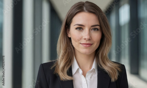 A young businesswoman wearing a black blazer is confidently looking at the camera in a modern office environment with glass panels and ample natural light.
