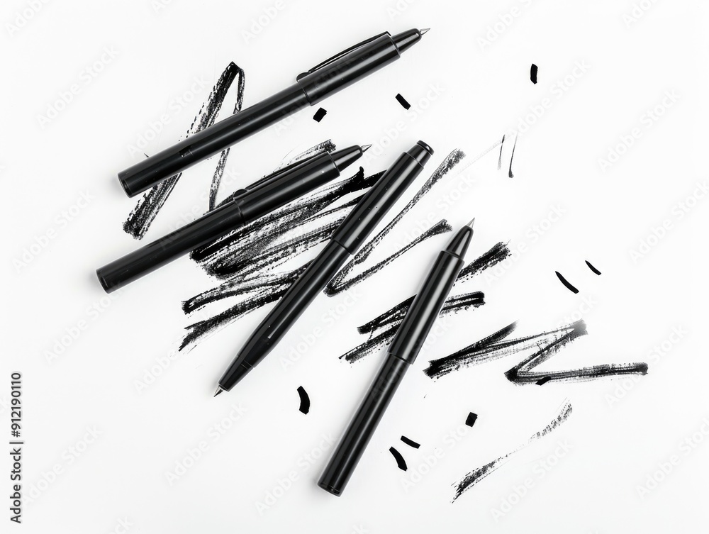 This image shows a collection of five black markers with their tips smeared with ink, suggesting they are ready to create. This image shows a collection of five black markers with their tips smeared with ink, suggesting they are ready to create.