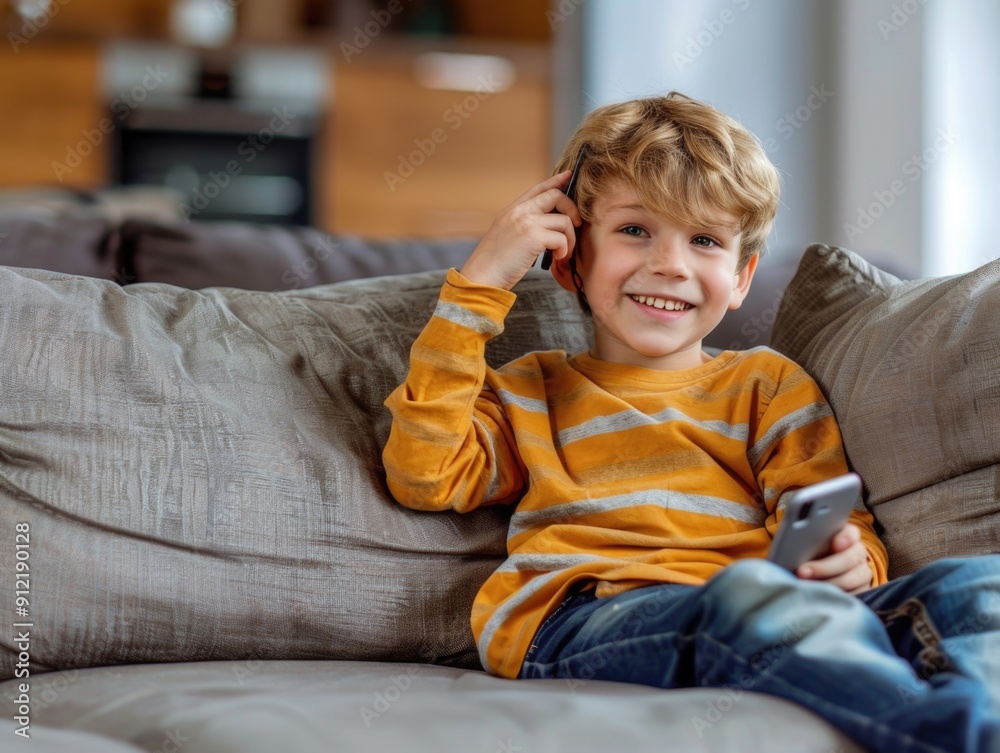Smiling young child on couch watching phone. Casual indoor environment with wooden floor and furniture. Smiling young child on couch watching phone. Casual indoor environment with wooden floor and furniture.
