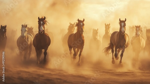 A Herd of Horses Running Through Dust at Sunset