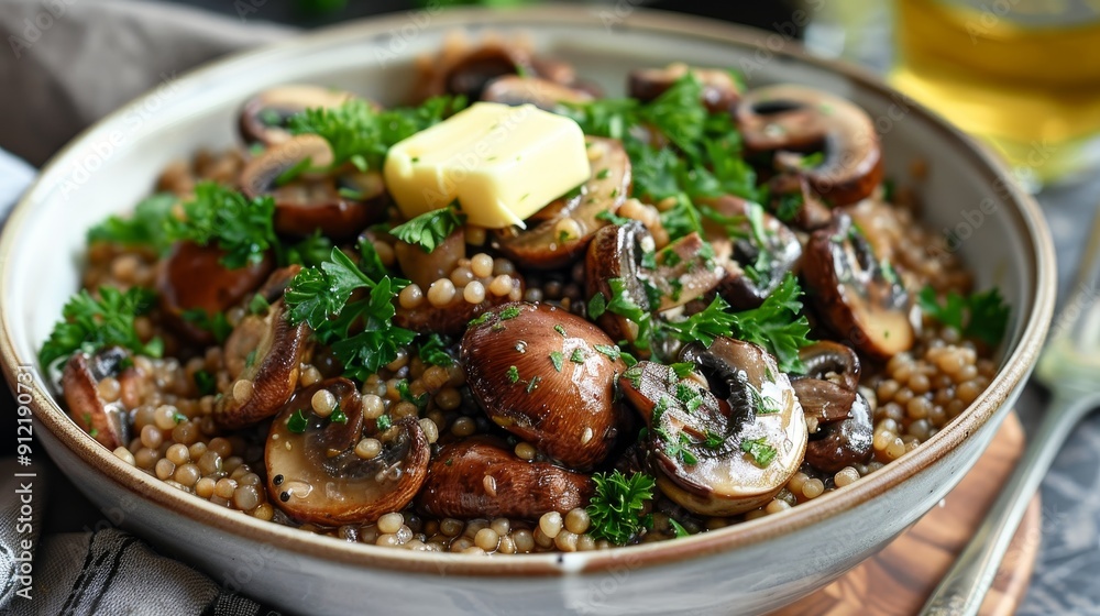 Creamy Mushroom and Couscous Bowl with Parsley and Butter - A close-up of a bowl of couscous topped with sautéed mushrooms, fresh parsley, and a pat of butter, representing a healthy, delicious, and s Creamy Mushroom and Couscous Bowl with Parsley and Butter - A close-up of a bowl of couscous topped with sautéed mushrooms, fresh parsley, and a pat of butter, representing a healthy, delicious, and s