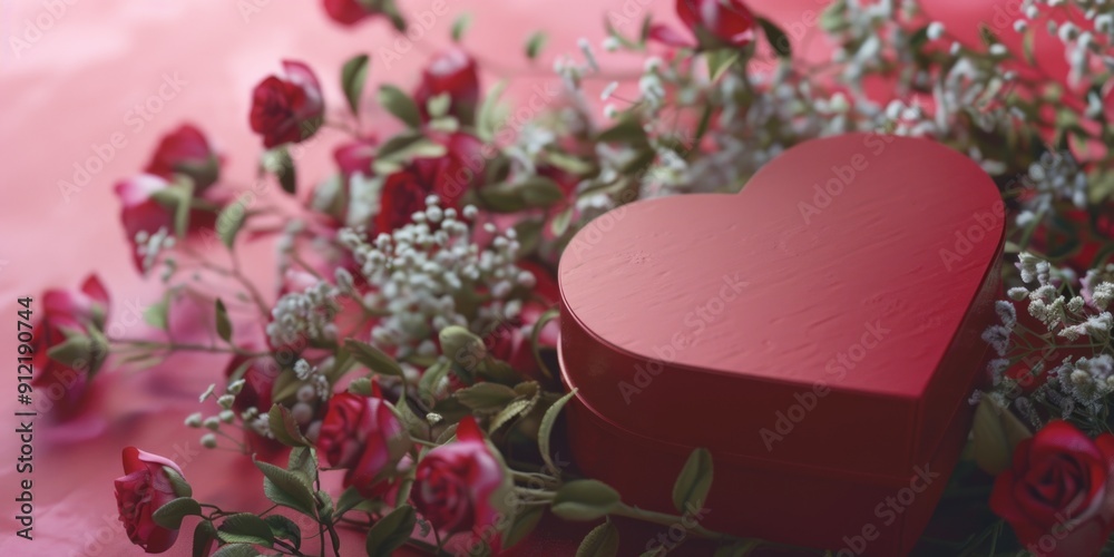 Delicate arrangement of red roses and heart-shaped box, set against a blurred background. Ideal for Valentine's Day celebrations. Delicate arrangement of red roses and heart-shaped box, set against a blurred background. Ideal for Valentine's Day celebrations.