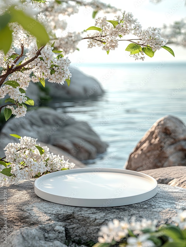 White Round Platform Surrounded by Blooming Flowers and Rocks by the Sea White Round Platform Surrounded by Blooming Flowers and Rocks by the Sea