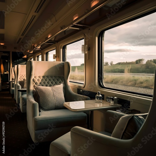 A high-quality image of a luxury train's interior, with plush seating, elegant decor, and large windows offering a view of the passing landscape, highlighting comfort and sophistication