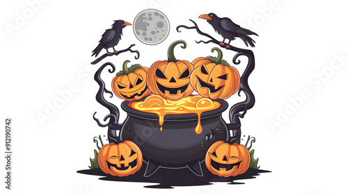 Collection of Halloween Symbols: Jack-o'-Lanterns, Cauldrons, Ravens, and Moon Symbols on Isolated Background