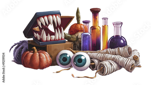 Halloween-Themed Items Set: Vampire Fangs, Potions, Eyeballs, and Mummy Wrappings on Isolated Background