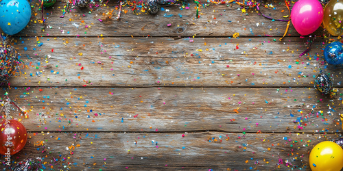Horizontal wooden table surface adorned with colorful confetti, balloons, and festive streamers, representing a celebratory atmosphere and party environment.