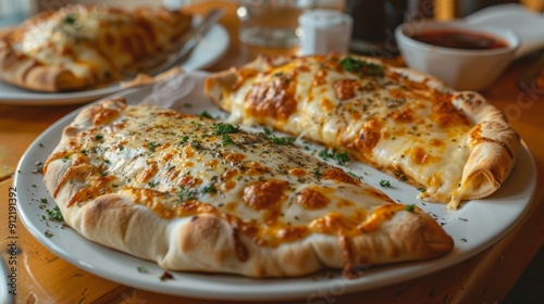 Wallpaper Mural Delicious Calzone with Melted Cheese and Herbs - A freshly baked calzone with melted cheese and herbs on a white plate, representing Italian cuisine, comfort food, cheesy goodness, and a satisfying me Torontodigital.ca