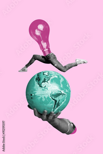 Fototapeta Naklejka Na Ścianę i Meble -  Creative trend collage of hands hold planet earth running female electric bulb travelling agency weird freak bizarre unusual fantasy
