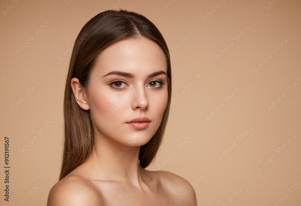 A young woman with brown hair gazes into the camera against a soft neutral background. Her direct and calm expression, combined with the simplicity of the setting, emphasizes her natural beauty and po A young woman with brown hair gazes into the camera against a soft neutral background. Her direct and calm expression, combined with the simplicity of the setting, emphasizes her natural beauty and po