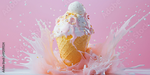 A vanilla ice cream cone with a dramatic splash in a pink background, highlighting the vibrancy and freshness of the treat in a playful and artistic setup.