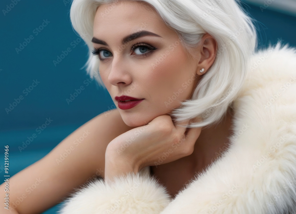 A graceful woman with platinum-blonde hair wearing a white fur coat strikes a stylish pose against a blue backdrop, exuding elegance and high fashion in a modern context. A graceful woman with platinum-blonde hair wearing a white fur coat strikes a stylish pose against a blue backdrop, exuding elegance and high fashion in a modern context.