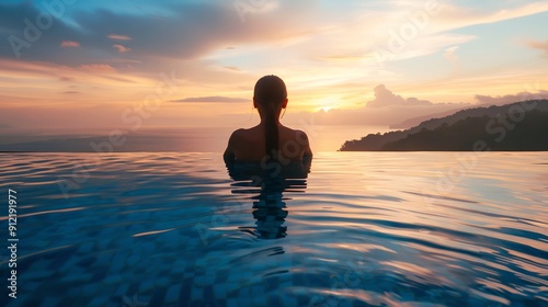 A beautiful woman is relaxing in a swimming pool with a view of the sunny coastline,