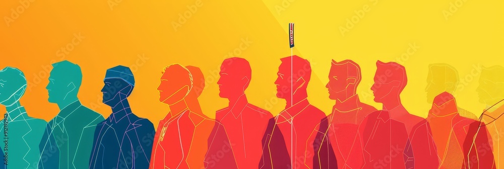Fototapeta premium Diversity in Leadership: A Colorful Representation of Teamwork - A vibrant illustration depicting a line of diverse individuals, representing a team united by a common goal. Each person is represente