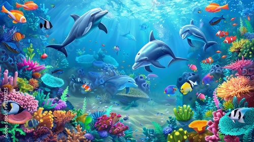 Dolphins Swimming Through Vibrant Coral Reef - A beautiful underwater scene with dolphins swimming through a vibrant coral reef, symbolizing marine life, nature, beauty, freedom, and underwater explor photo