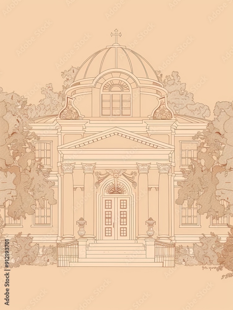 Elegant Architecture: A Classic Building Facade - This architectural line drawing captures the beauty of a classical building, with its symmetrical facade, intricate details, and graceful dome. The i Elegant Architecture: A Classic Building Facade - This architectural line drawing captures the beauty of a classical building, with its symmetrical facade, intricate details, and graceful dome. The i
