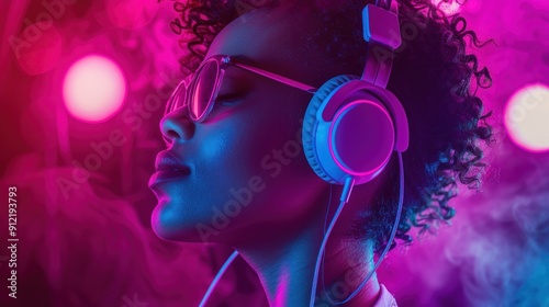 Woman with Headphones in Neon Lights