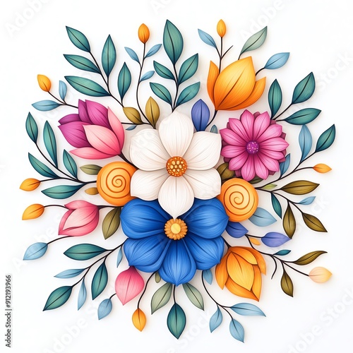 Bright and vibrant floral arrangement featuring various colorful flowers and lush leaves, perfect for design and decoration.