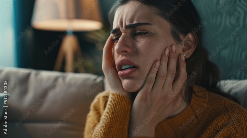 A female face displaying distress and pain, possibly related to dental issues. A female face displaying distress and pain, possibly related to dental issues.