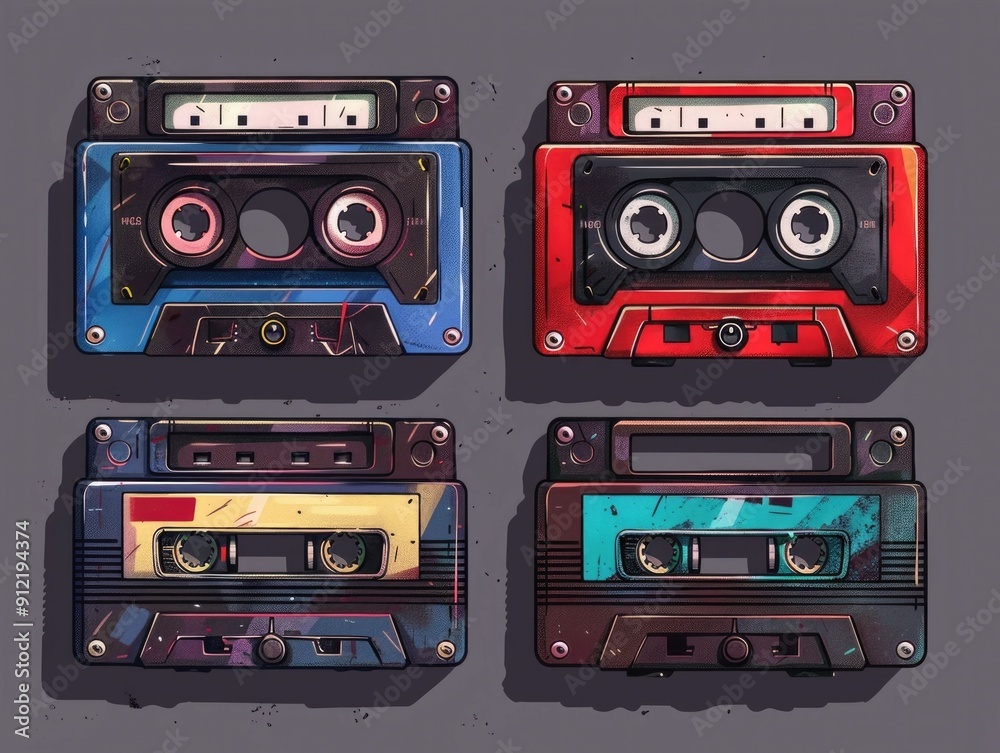 Naklejka premium Vibrant depicting the nostalgic revival of classic cassette tapes and retro music players capturing the essence of a bygone era s multimedia culture and aesthetic