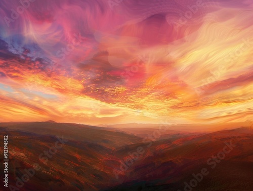 A picturesque sunset over a mountainous landscape with vibrant clouds and warm tones.