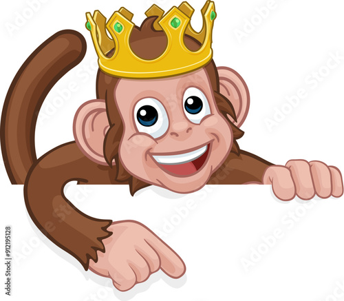 A monkey king cartoon character animal wearing a crown peeking over a sign and pointing at it