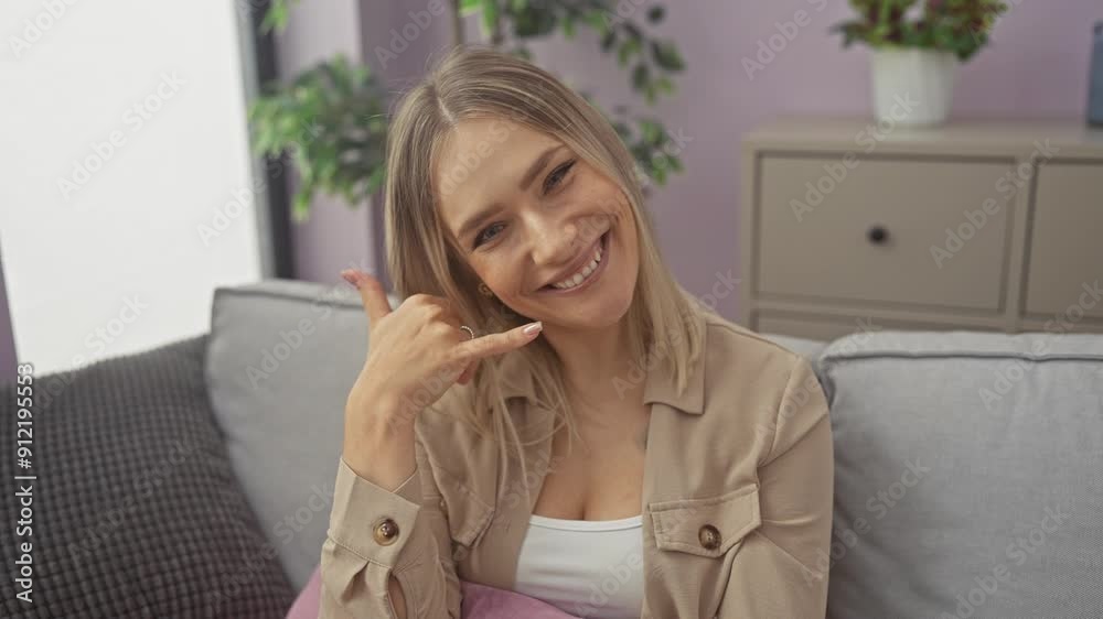 Young blonde woman sitting on sofa smiling doing phone gesture with hand and fingers like talking on the telephone. communicating concepts. at home